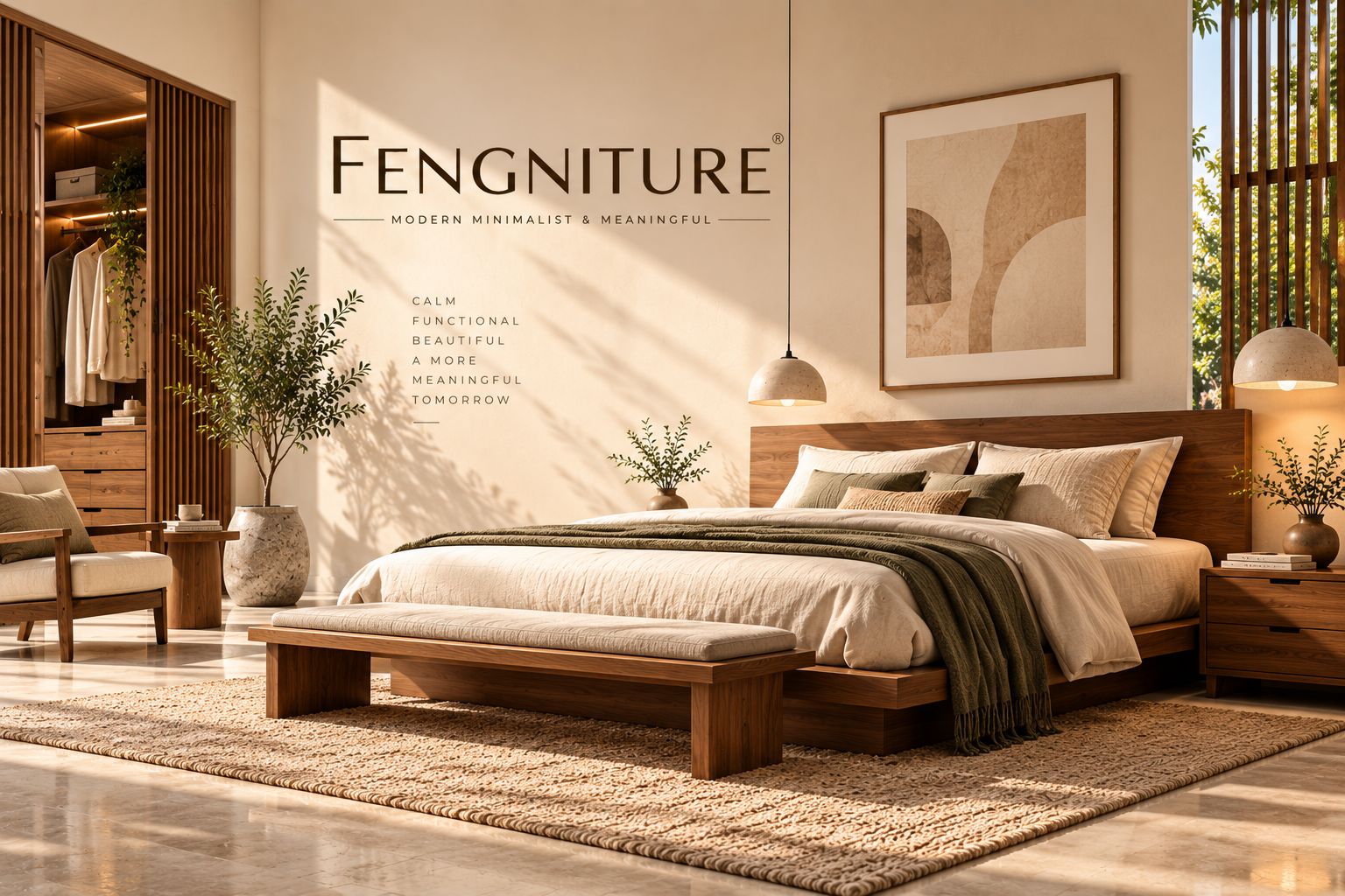 Bedroom: low walnut bed, bench and wardrobe
