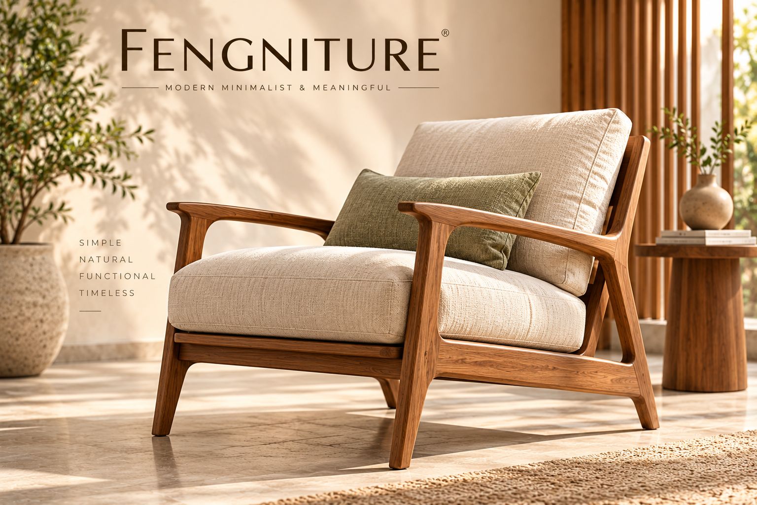 Armchair in solid wood with linen cushions