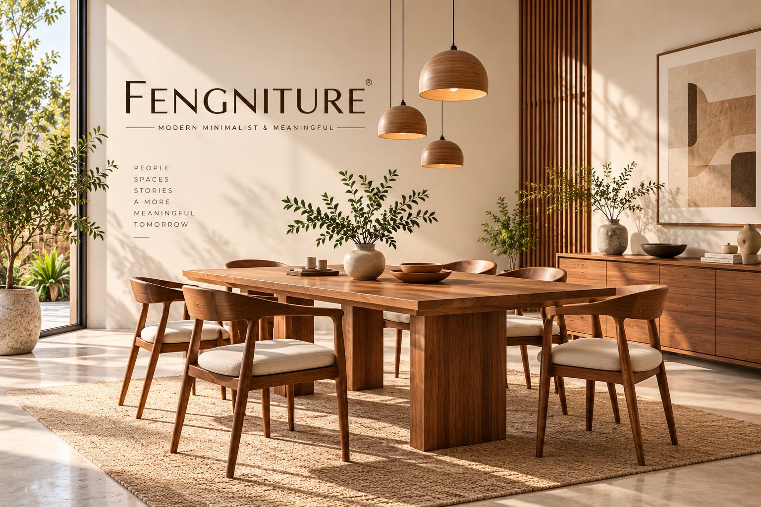 Dining room: solid walnut table with six curved chairs