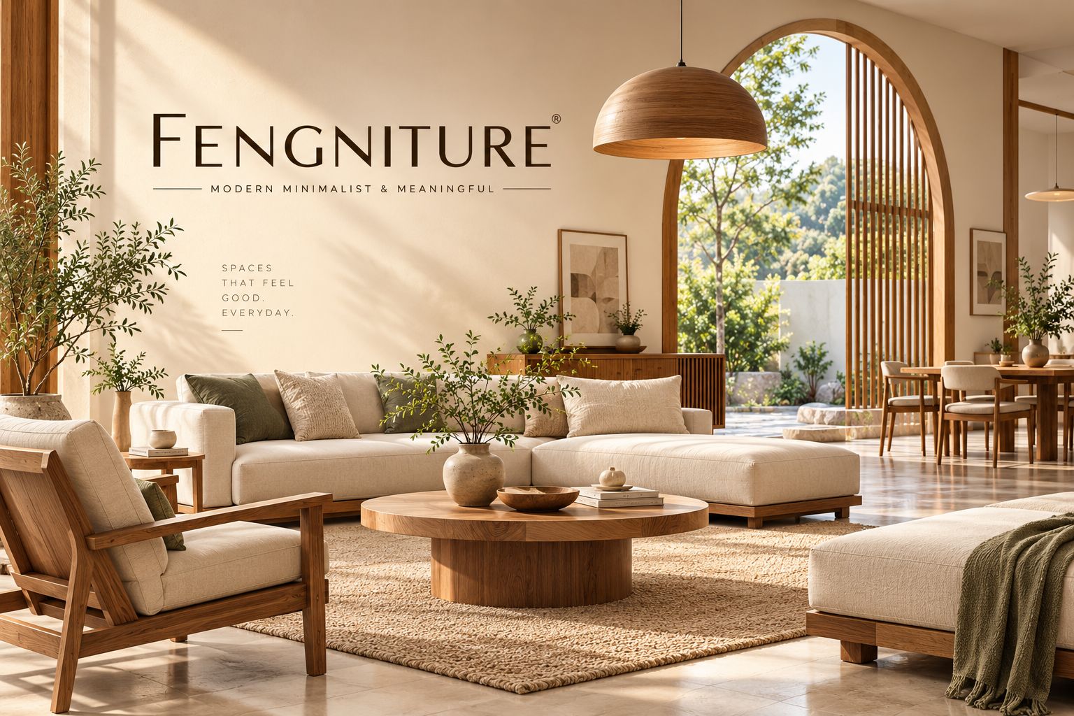Living room: cream sofa, round oak coffee table, lounge chair